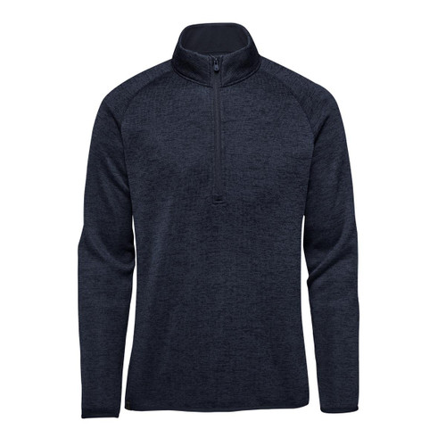 A men's half-zip fleece jacket in navy blue with long sleeves and a stand-up collar. It has a logo on it.