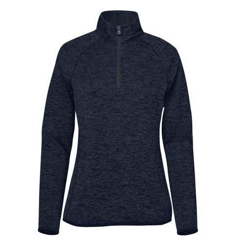 A dark navy half-zip fleece jacket for women with long sleeves and a collar. Features a logo on the garment.