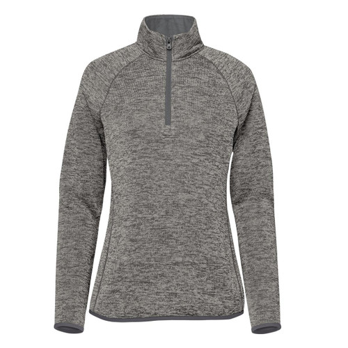 A women's half-zip fleece jacket in a textured grey fabric. Features long sleeves and a zip collar. Includes a logo.