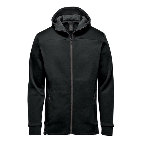 A black hoody featuring a zip front, a hood, and a soft inner lining, with side pockets and a logo.