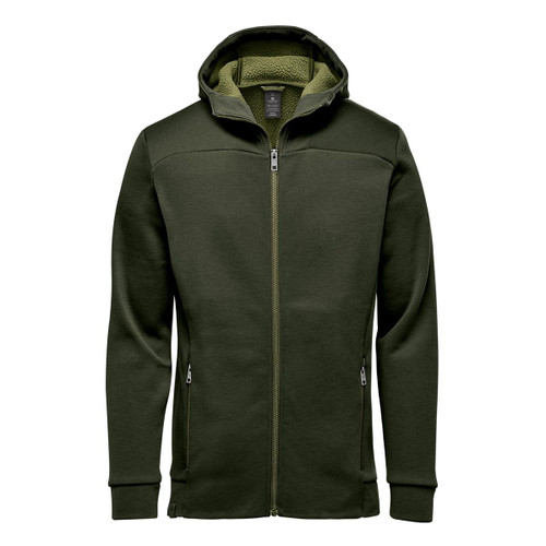 A green Men's Antares Performance Hoody featuring a full zip and hood, with a soft inner lining and zippered pockets.