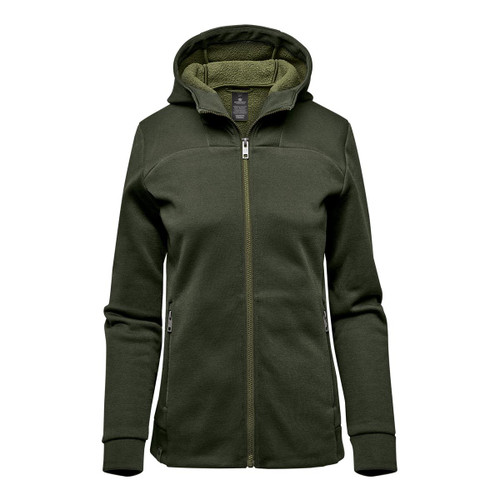 A women's hoody in dark green with a zip front and a lined hood. It features a logo on the chest.