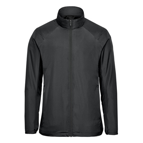 A black men's full zip jacket with a high collar and a sleek design. It features branding on the material.