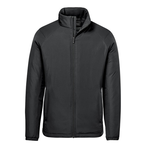 A black thermal jacket with a zip front and a stand-up collar, featuring a logo on the chest.
