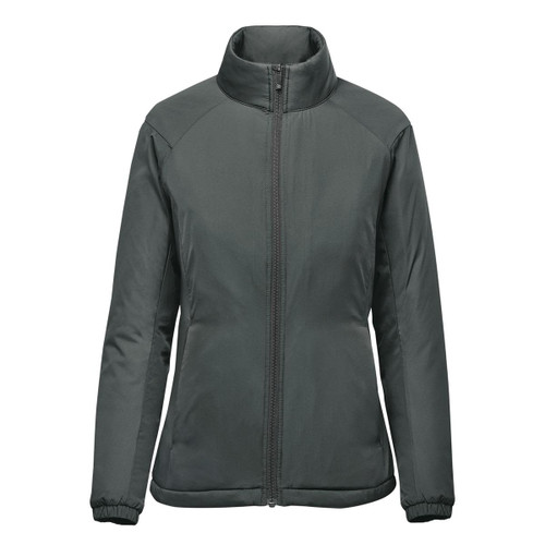 A women's thermal jacket in dark grey with a high collar and zippered front. Features a simple design and a logo.