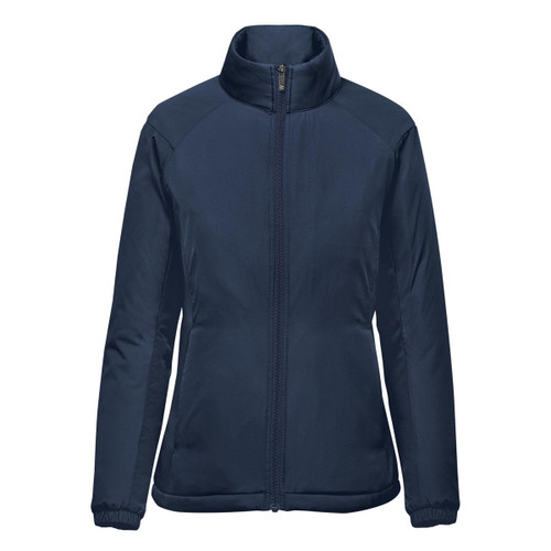 A women's thermal jacket in navy blue with a zip front and high collar. It features a logo on the chest.