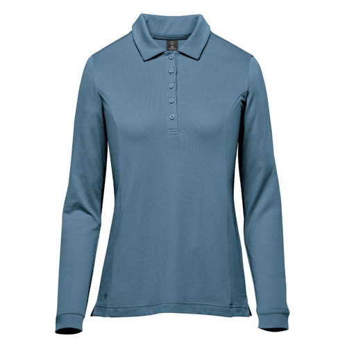 A long-sleeve women's polo in a soft blue colour with a collar and button front, featuring a logo.