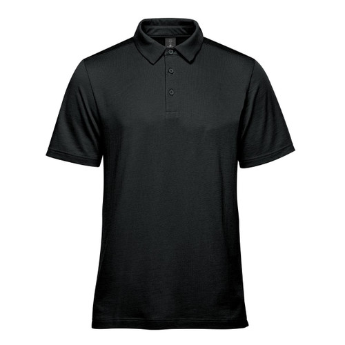 A black men's polo shirt with a classic collar, three buttons, and a small logo.