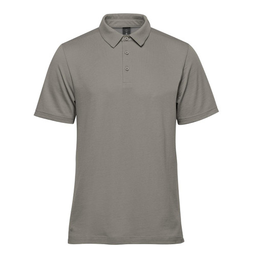 A men's short-sleeve polo in grey, featuring a classic collar and three-button placket. It has a logo on the chest.