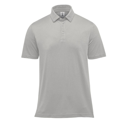 A light grey men's polo shirt with a classic collar and short sleeves, featuring a logo on the chest.