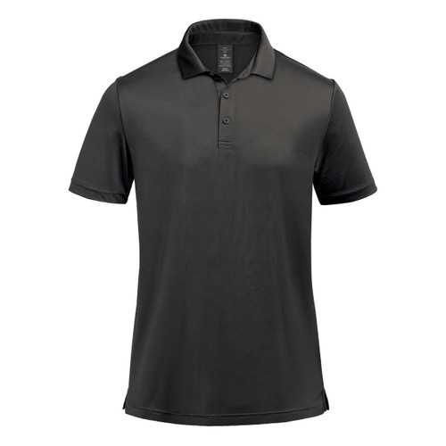 A black men's polo shirt featuring a collar, three buttons, and a logo on the chest.