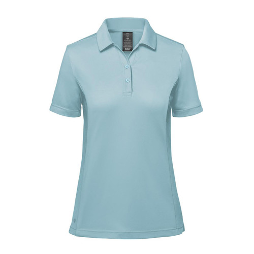 A light blue women's polo shirt with a collar and short sleeves. Features a logo on the design.