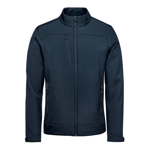 A navy blue softshell jacket featuring a high collar and zipped pockets, with a logo on the chest.