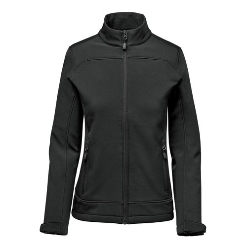 A women's black softshell jacket with a zip front, high collar, and side pockets, featuring a logo.