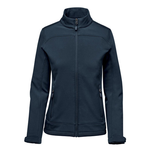 A women's softshell jacket in navy blue with a high collar and zippered pockets. Features a discreet logo.