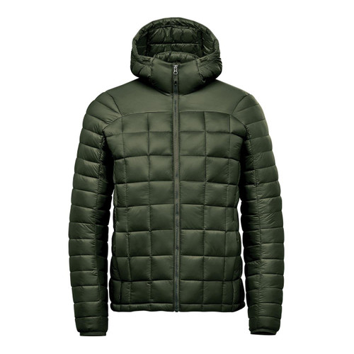 A green puffer jacket with a hood, featuring a quilted design and a zip closure at the front. It has a logo.