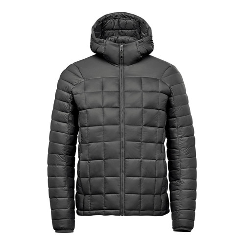 A black puffer jacket with a hood, featuring a quilted pattern and a full zip closure. It has a logo on it.