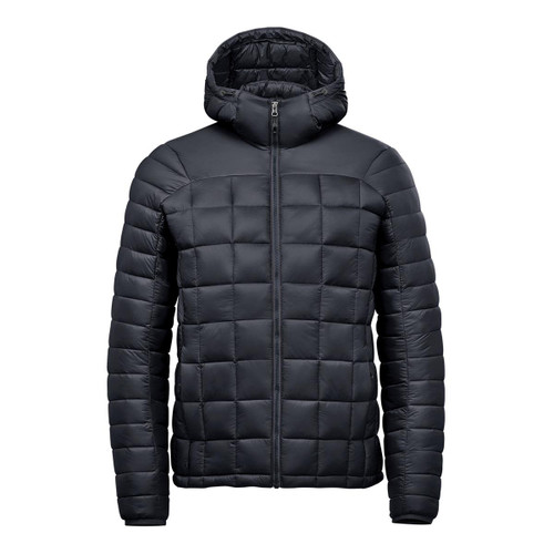 A puffer jacket in black, featuring a hood and a quilted design, with a zip closure and branding.