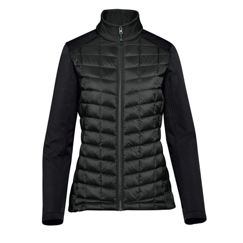 A women's softshell jacket in black, featuring a quilted front and smooth sleeves. It has a zip closure and a high collar.