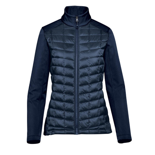 A women's softshell jacket in navy with a quilted front and a high collar, featuring a logo on the chest.