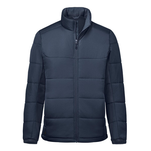 A navy puffer jacket with a high collar and zip closure, featuring a logo on the upper left side.