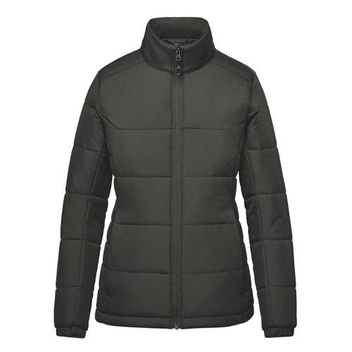A dark green women's puffer jacket with a high collar and zip front, featuring a logo on the chest.