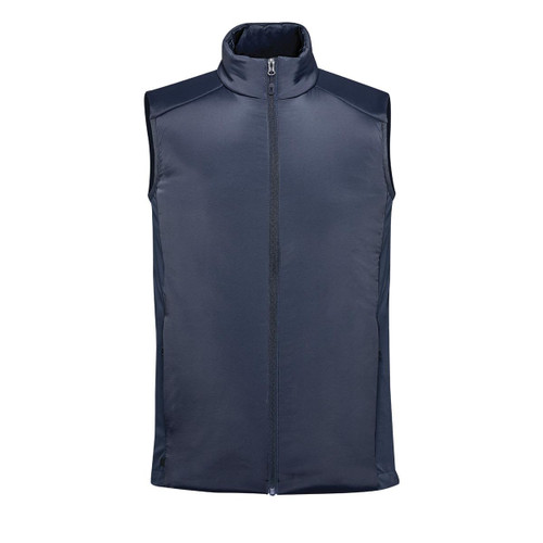 A navy thermal vest with a high collar and front zip, featuring a logo. Suitable for layering.