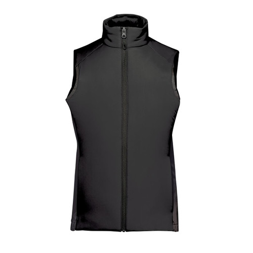 A black women's thermal vest featuring a high collar and a front zipper, with subtle branding.