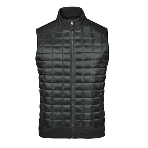 A black thermal softshell vest featuring a quilted design and a full front zip, with a sleek collar and pockets.