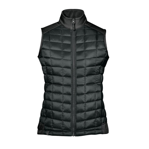A black thermal softshell vest with a quilted design and a high collar, featuring a front zipper and no sleeves.