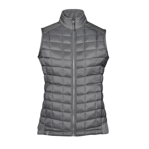 A grey women's thermal softshell vest with a zip front and a high collar, featuring quilted design and no sleeves.
