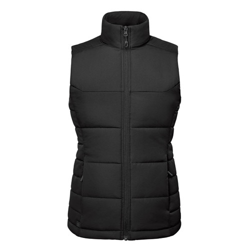 A black thermal vest featuring a high collar and zippered front, with padded sections and side pockets.