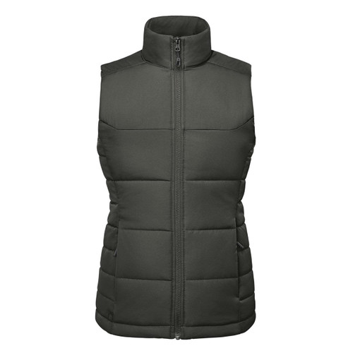 A women's thermal vest in dark green, featuring a zip-up front and a high collar design. It has a logo on it.