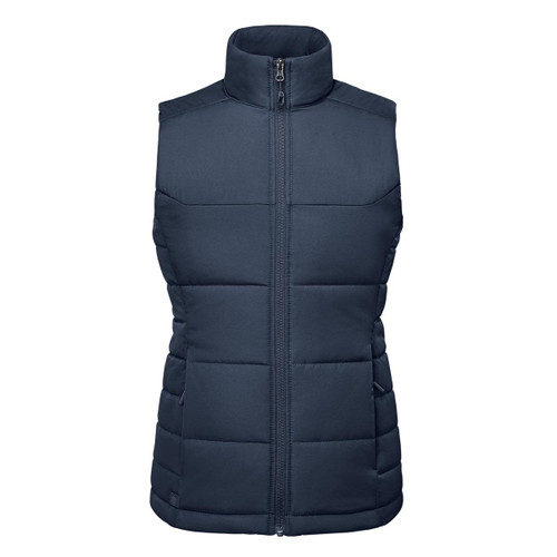 A navy women's thermal vest with a zip front, featuring a high collar and padded design. It has a branding logo.