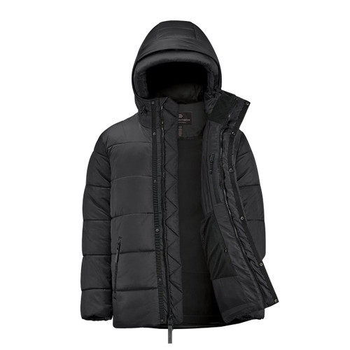 A black puffer jacket with a hood and zippered front, featuring a quilted design and a logo.