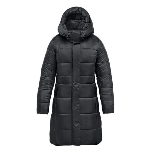 A black women's puffer parka jacket with a hood and a quilted design. It features a logo on the sleeve.