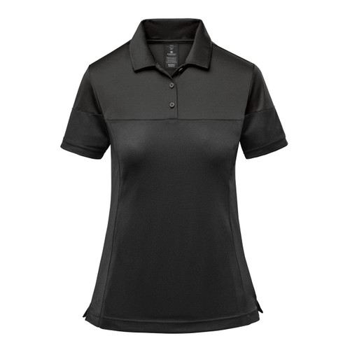 A women's two-tone polo shirt in black, featuring a collared neckline and short sleeves. It includes a logo.