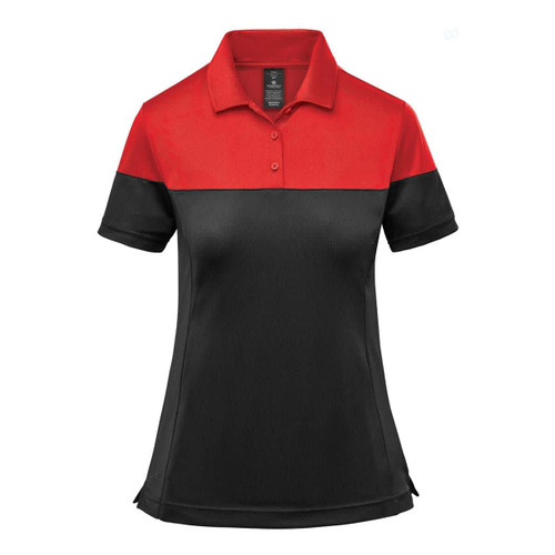 A women's polo shirt in black and red, featuring a two-tone design and a logo on the chest.