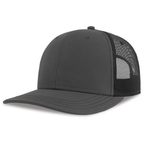 A dark grey trucker cap featuring a solid front panel and mesh back. It includes a branding logo.
