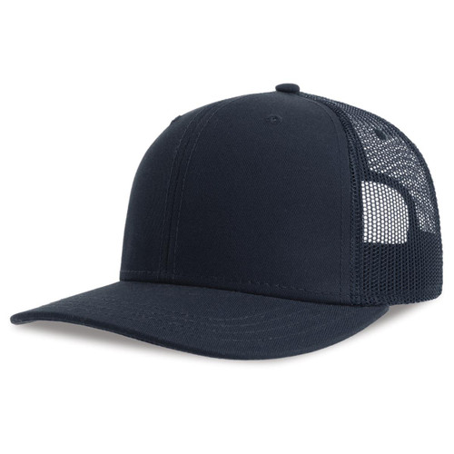 A navy trucker cap with a solid front and breathable mesh back, featuring a logo on the side.