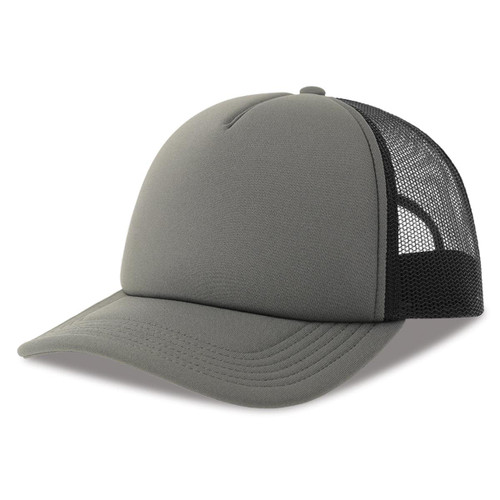 A grey trucker cap with a solid front and mesh back, featuring a logo on the front.