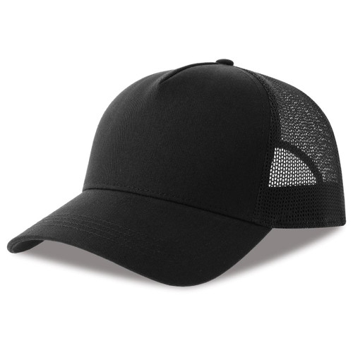 A black trucker cap with a solid front and mesh paneling on the sides, featuring a logo.