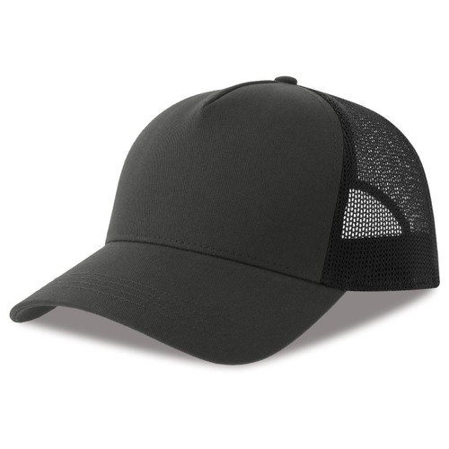 A black trucker cap featuring a solid front panel and mesh sides. It includes a logo on the front.