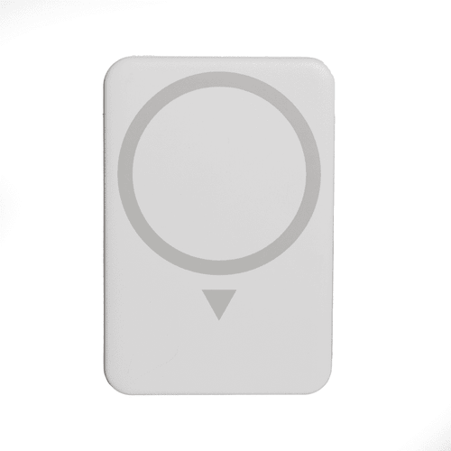 A white wireless charging power bank featuring a circular design and a directional indicator. It has a logo on the surface.