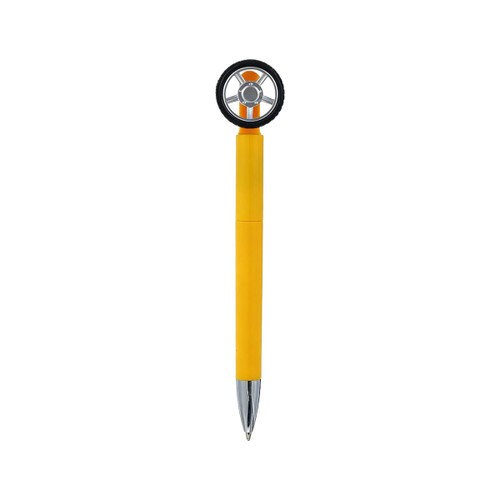 A yellow pen with a tire-shaped top and silver tip, featuring a logo on the body.