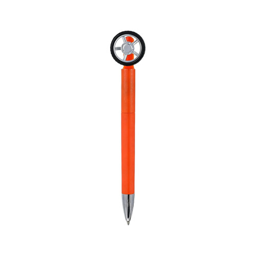 An orange pen with a fidget spinner shaped like a tire on top, featuring a silver tip. The pen has a logo.
