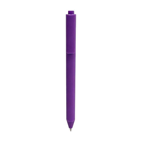 A triangular grip pen in a vibrant purple colour with a clip at the top. It features a sleek design and has a logo.