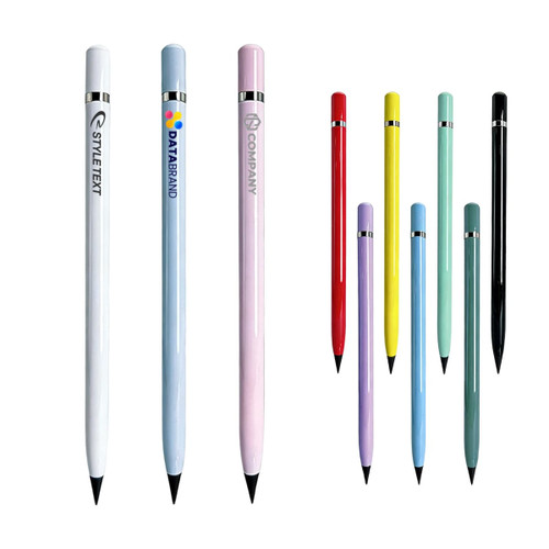 A selection of pencils in various colours including pink, blue, red, green, yellow, purple, and black, with logos.