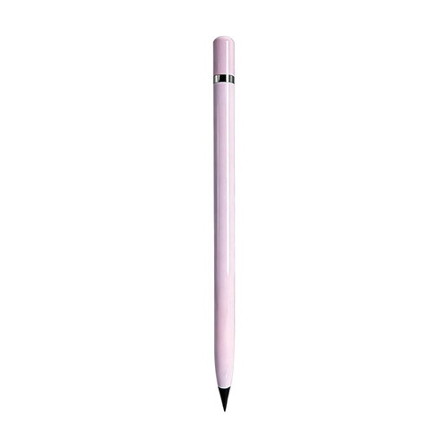 A pink pencil with a sleek design and a metallic trim at the top. It features a logo on the body.