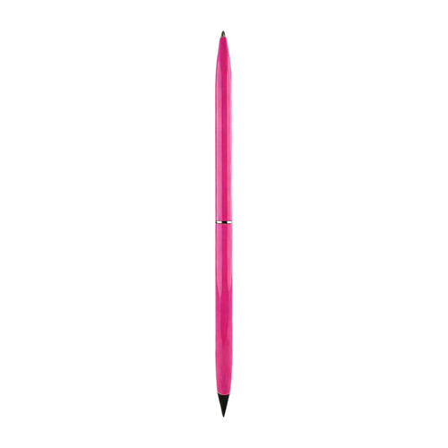 A double-ended pencil and ballpoint pen in a vibrant pink colour. It features a sleek design and a logo.
